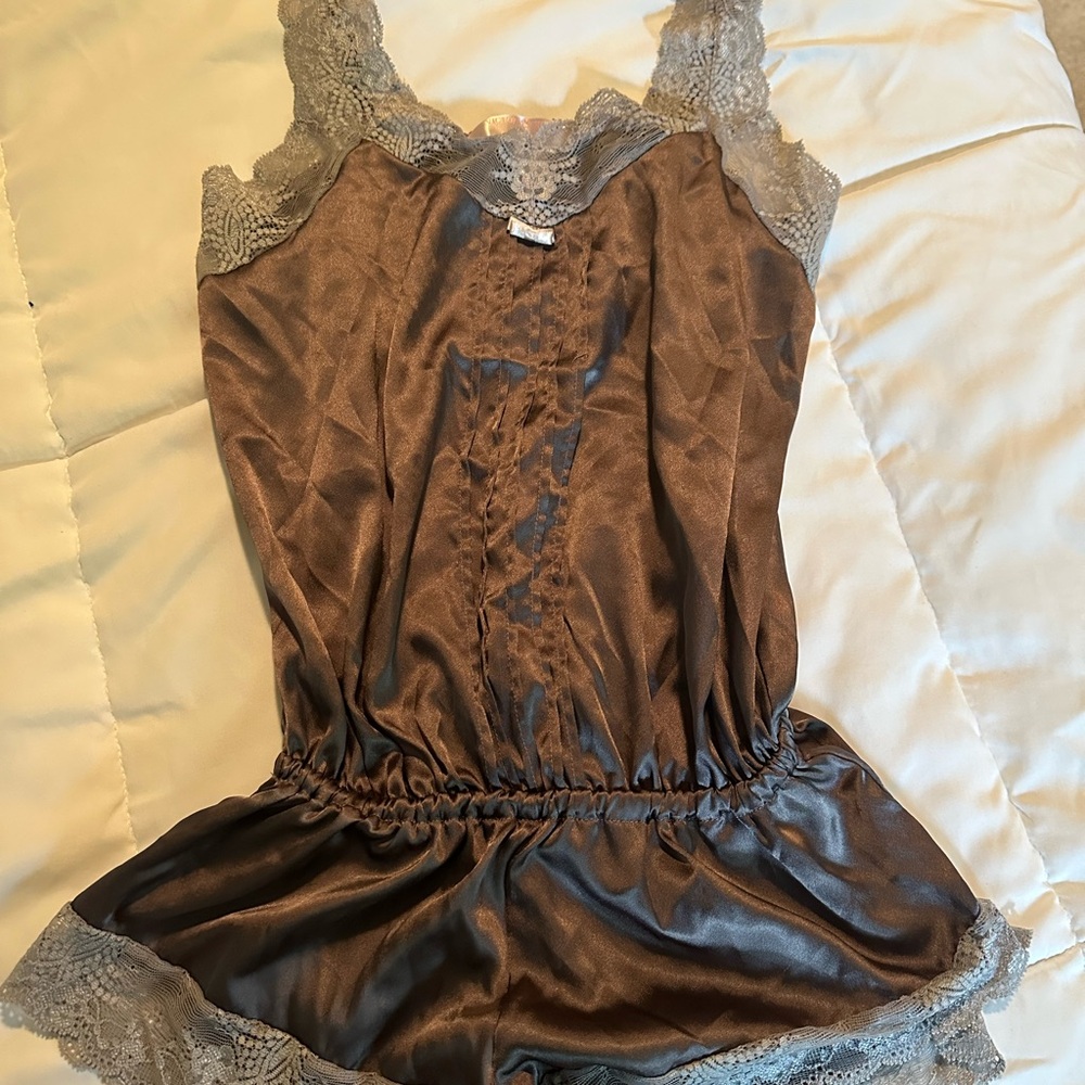 Victoria's Secret Gray Satin Lace Trim Romper XS